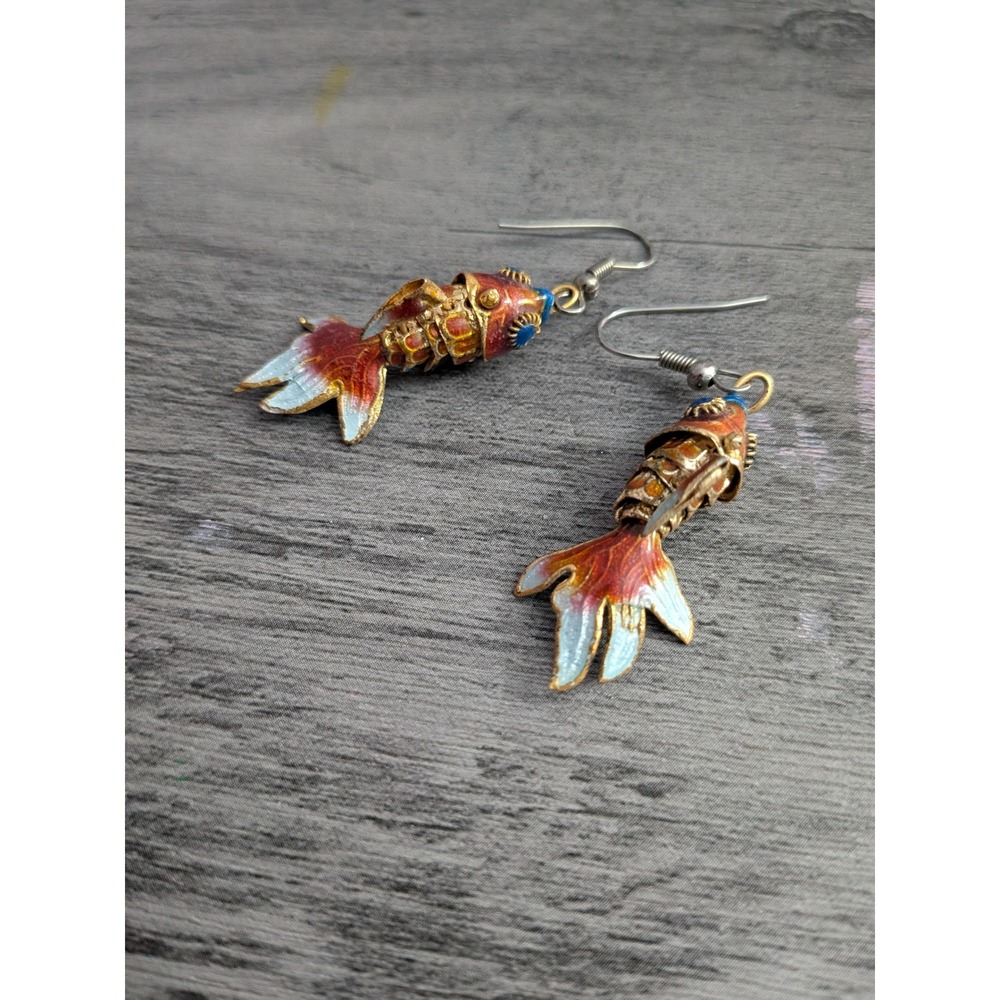 Vintage Articulated Goldfish Cloisonne Enamel Drop Earrings Orange Blue Gold